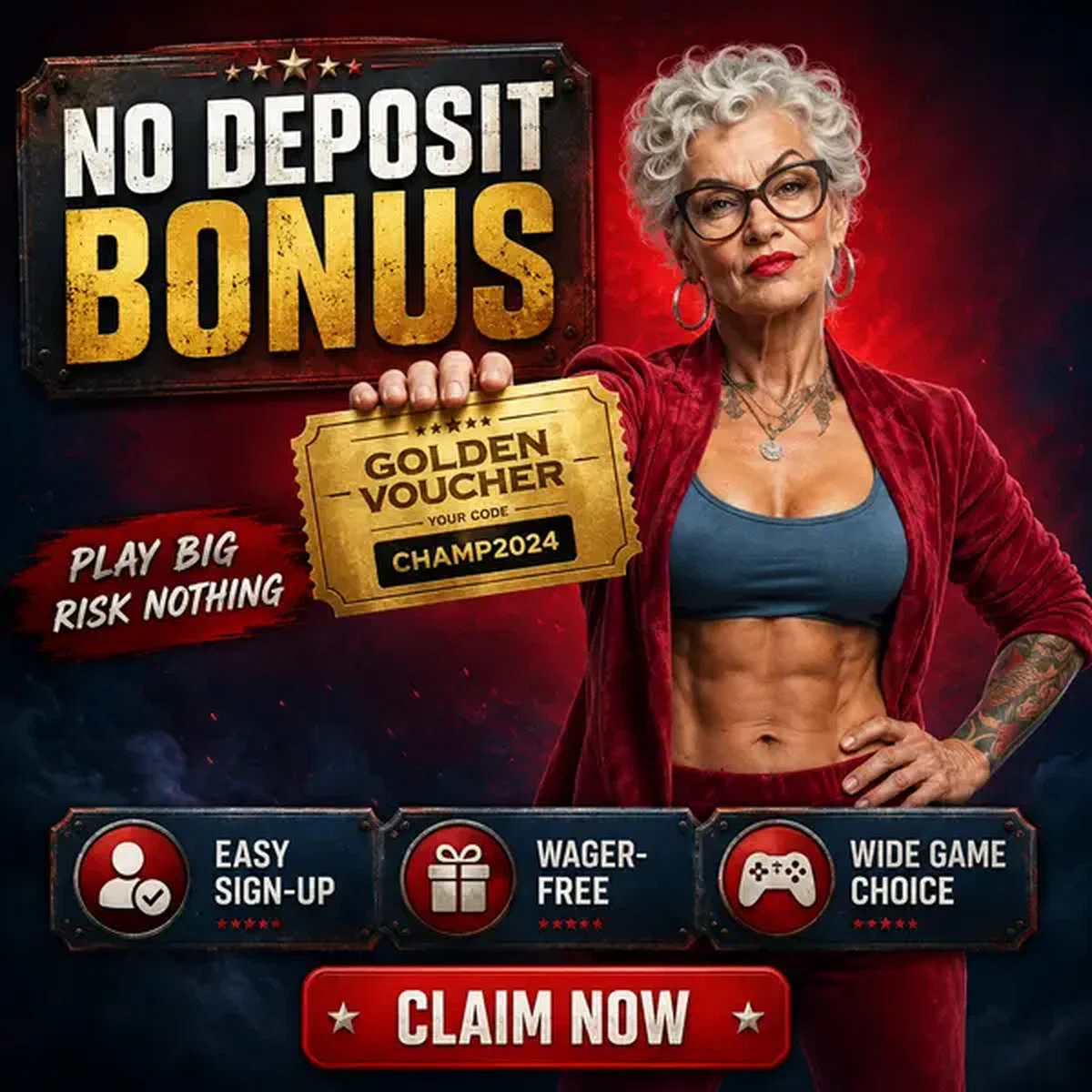 Combattente che presenta con orgoglio il voucher del bonus senza deposito di SpinGranny Casino con bagliore dorato