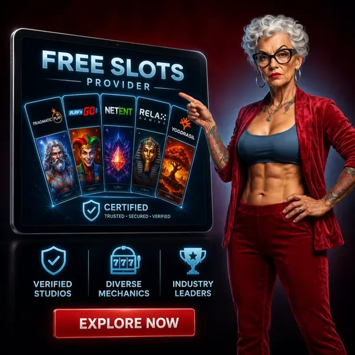 Combattente che esamina le tessere dei provider di slot gratis sullo schermo luminoso di Spingranny Casino