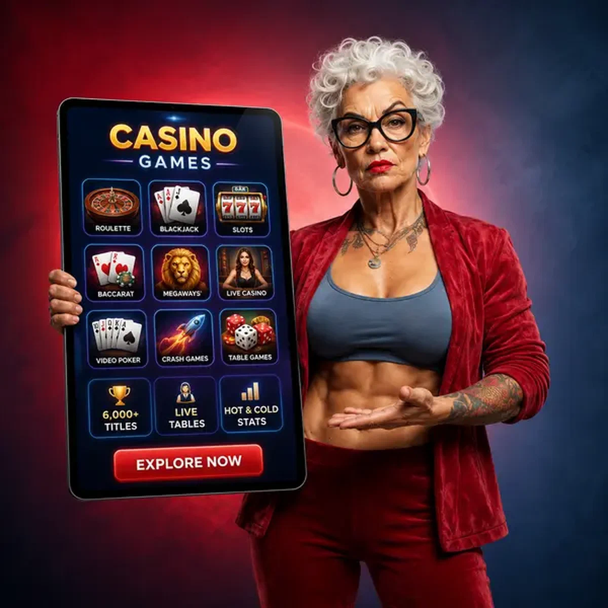 Combattente che presenta un'ampia libreria di giochi casino su tablet luminoso su Spingranny