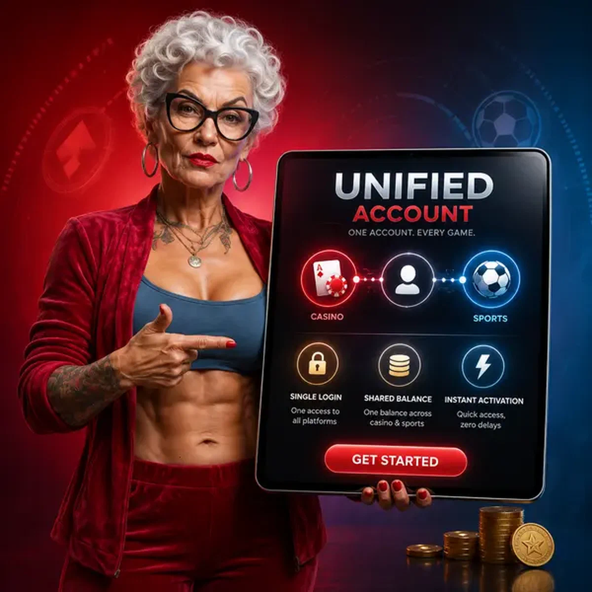 Analista esperto che presenta il sistema di login unificato sull'interfaccia tablet di Spingranny Casino