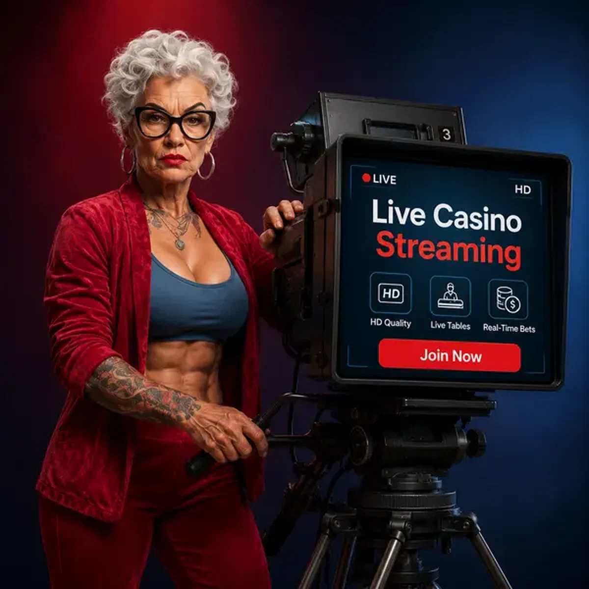 Donna anziana che gestisce la telecamera di trasmissione presso l'infrastruttura di streaming HD e lo studio del live casino Spingranny