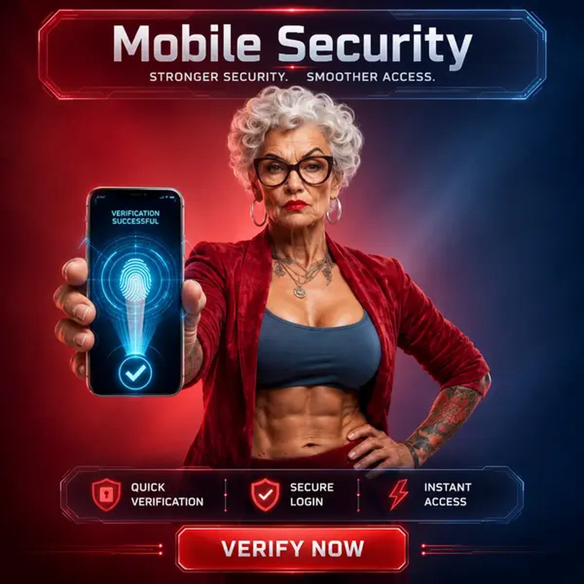 Donna dai capelli platino che usa lo scanner di impronte digitali per verificare l'accesso sicuro all'app presso il portale Mobile Security
