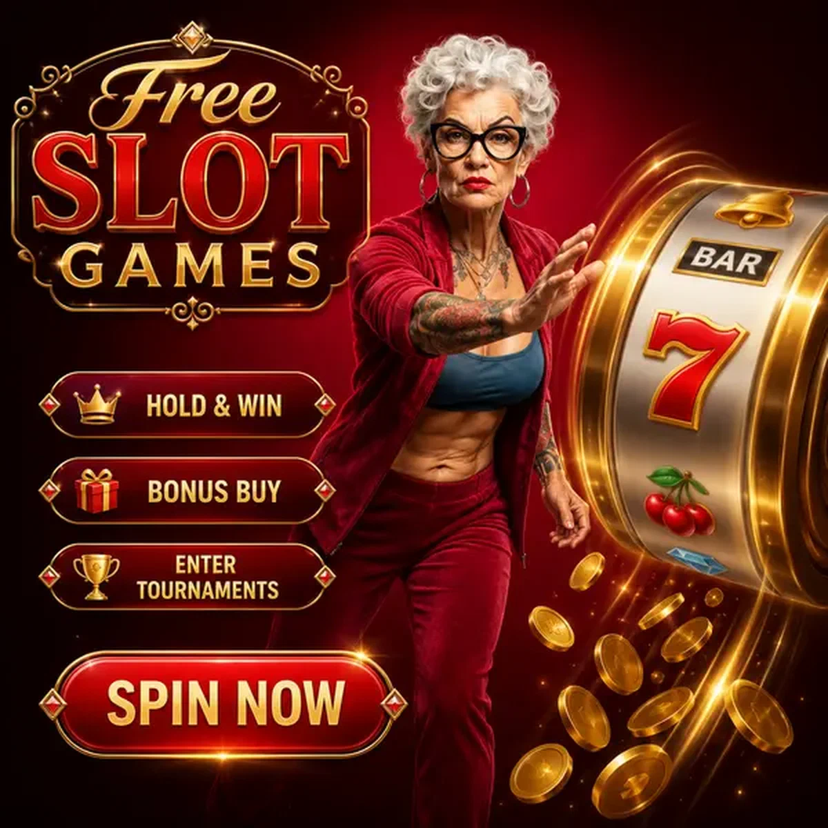 Donna forte con capelli platino che fa girare i rulli delle slot su Spingranny Free Slot Games