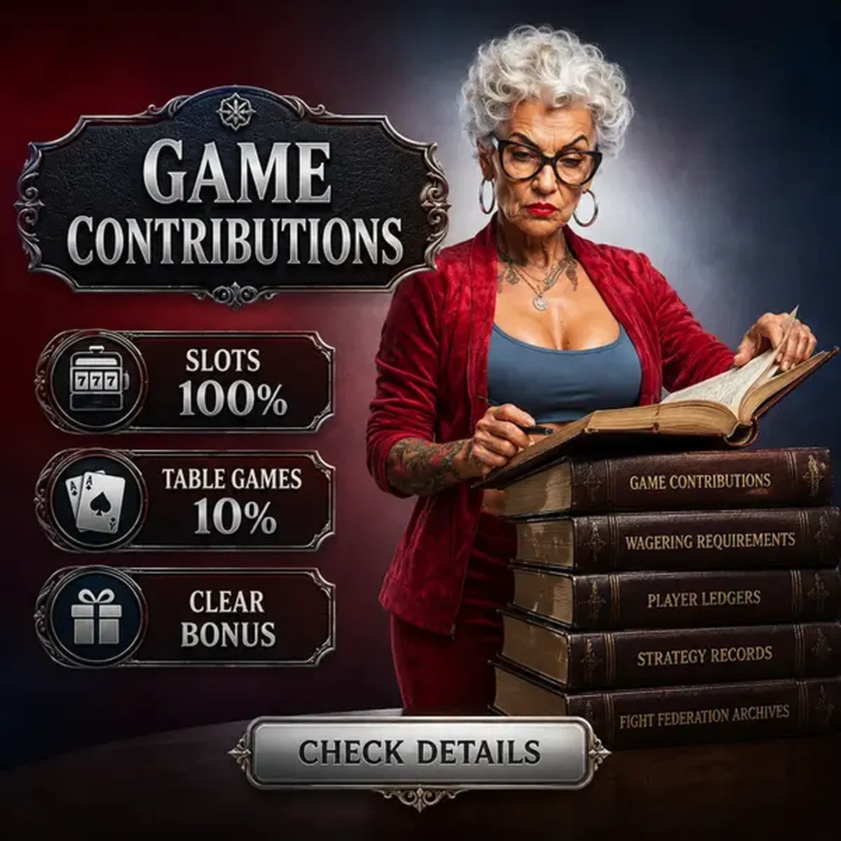 Il Combattente che consulta il registro dei requisiti di wagering alla scrivania dei Requisiti di Wagering e Contributi dei Giochi per il bonus senza deposito
