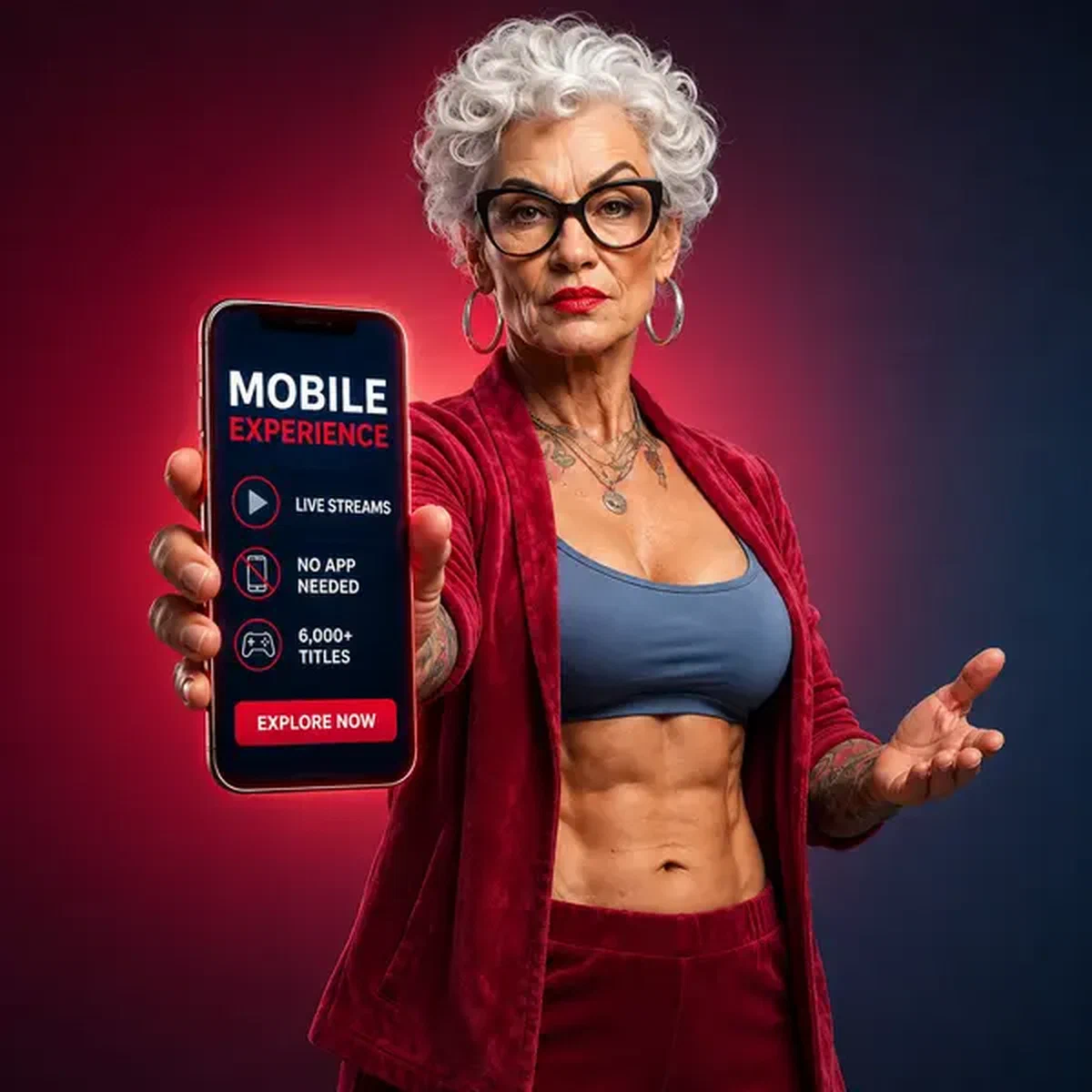 Frau demonstriert Spingranny-Mobile-Erfahrung mit Smartphone, das Live-Streams und Spiele zeigt